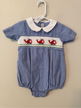 Collection Bebe Blue Gingham Baby Bubble with Red Helicopter Smocking
